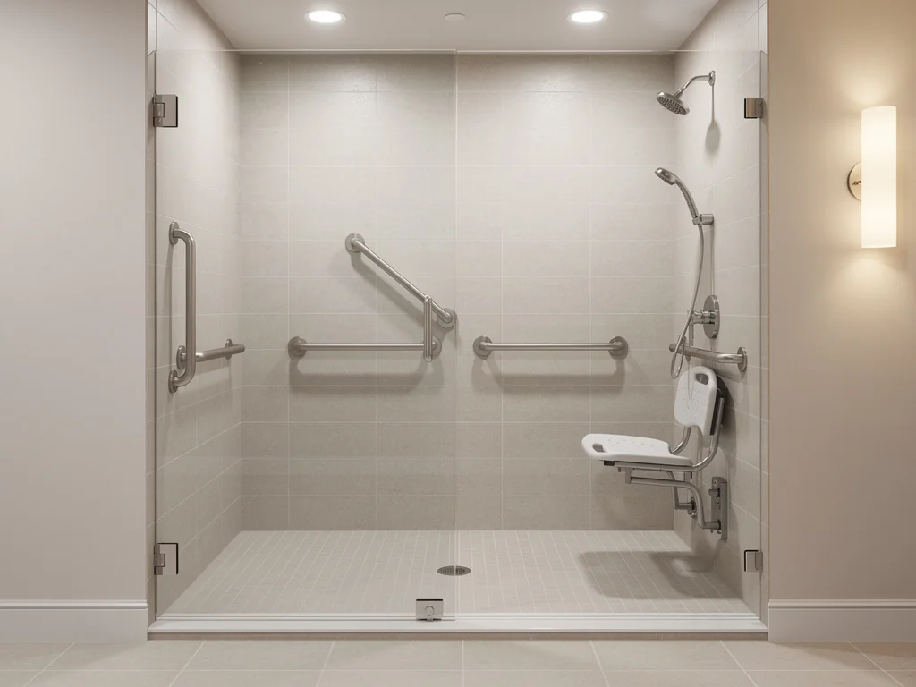Barres d'appui et siège de douche rabattable dans une salle de bain senior