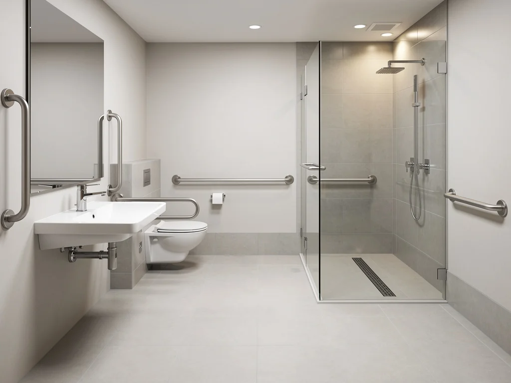 Salle de bain adaptée au fauteuil roulant avec espace de rotation dégagé