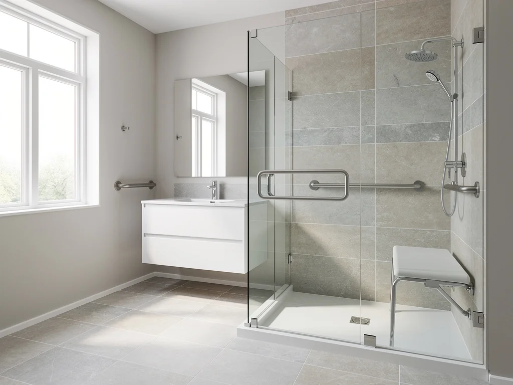 Salle de bain senior rénovée, lumineuse, avec douche accessible de plain-pied